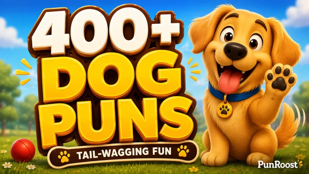 A bright widescreen thumbnail with 3D text reading 400+ Dog Puns and a cute cartoon dog mascot.