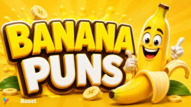 Colorful Banana Puns graphic with a cheerful cartoon banana mascot