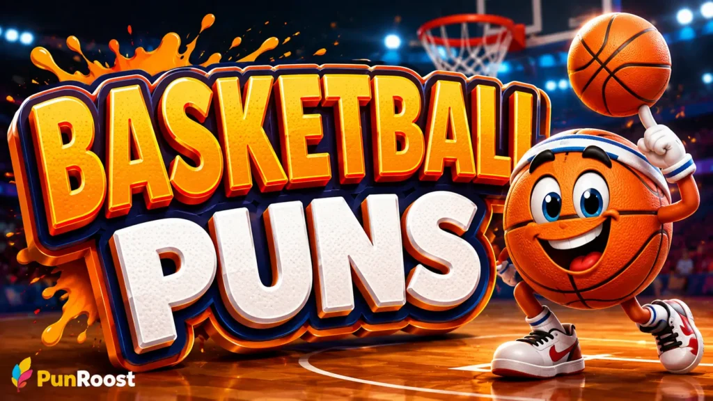 Colorful Basketball Puns graphic with a cheerful cartoon basketball mascot