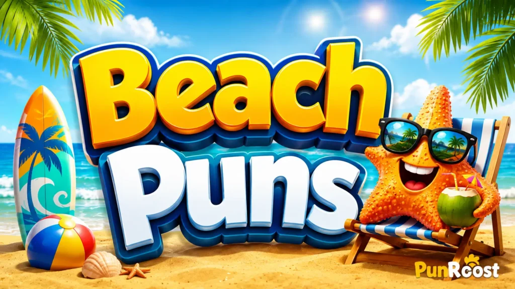 Beach Puns in bold 3D lettering with a fun sunglasses-wearing starfish on a sunny beach