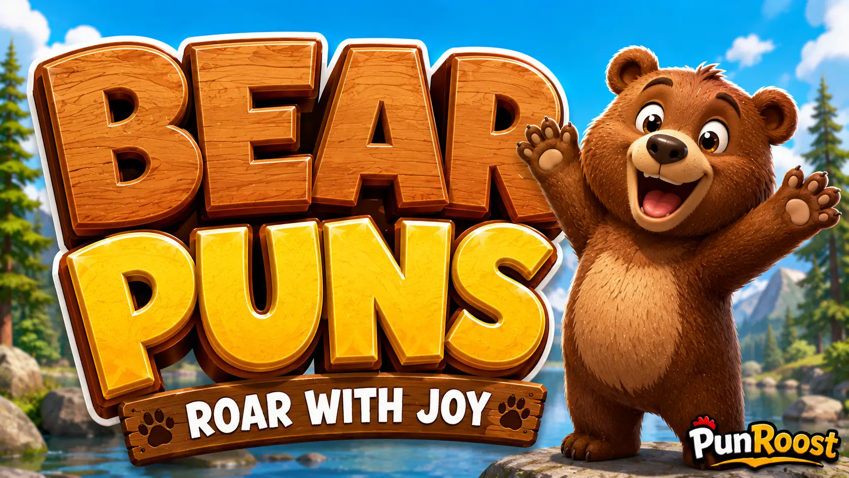 A vibrant featured image for PunRoost featuring large 3D text "bear puns" and a smiling bear mascot.
