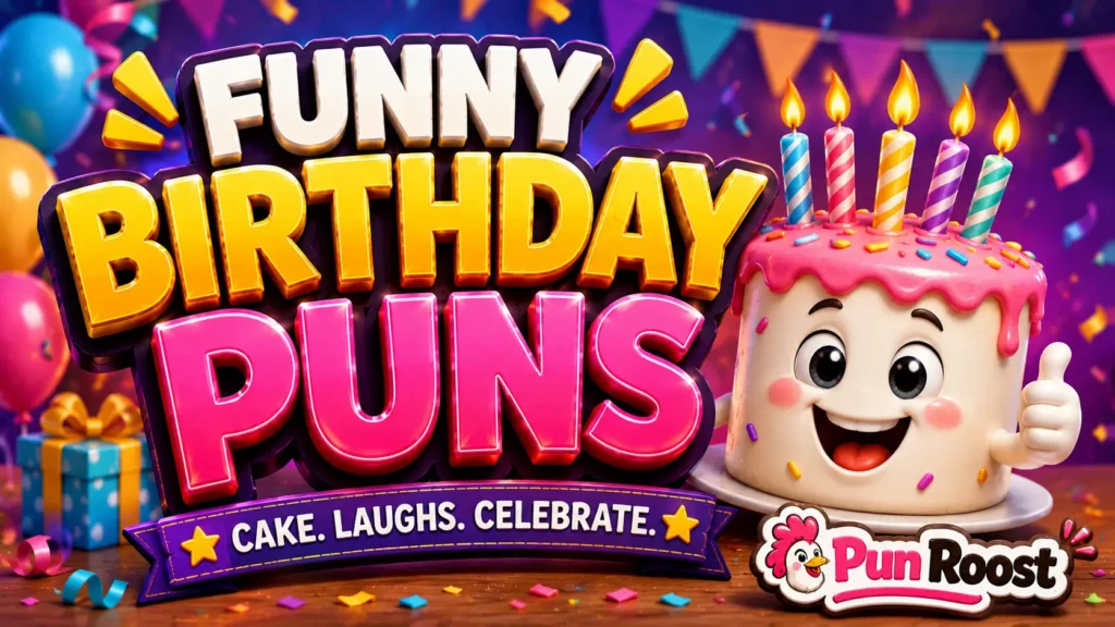 A vibrant featured image for Pun Roost featuring large 3D text "BIRTHDAY PUNS" and a smiling cake mascot.