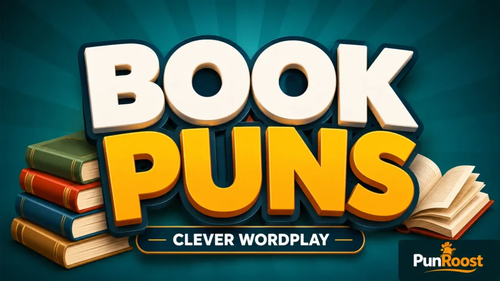 Bold 3D book puns typography with books and a PunRoost watermark.