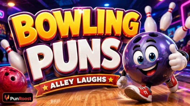Bowling puns featured image with a playful bowling ball mascot and colorful bowling pins