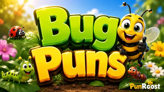 Bug Puns in bold 3D lettering with a cheerful bee and colorful garden insects