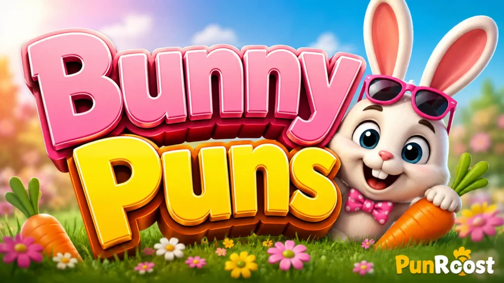 Bunny Puns in bold 3D lettering with a cheerful bunny mascot in a colorful meadow