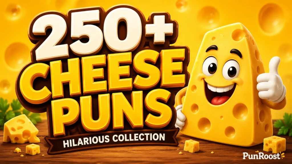 A bright widescreen thumbnail with 3D text reading 250+ Cheese Puns and a cute cartoon cheese wedge mascot.