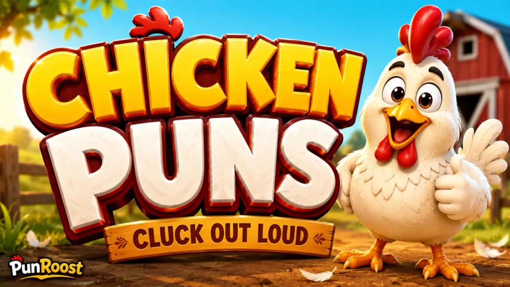 A vibrant featured image for PunRoost featuring large 3D text "chicken puns" and a smiling chicken mascot.