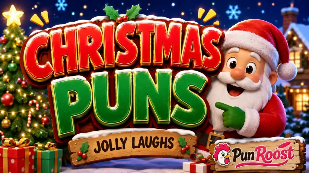 A vibrant featured image for Pun Roost featuring large 3D text "CHRISTMAS PUNS" and a smiling holiday mascot.