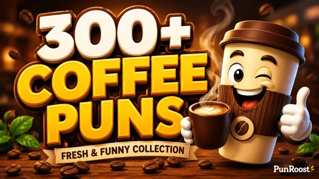 A bright, 16:9 widescreen thumbnail featuring bold 3D text '300+ Coffee Puns' and a cute coffee cup mascot.