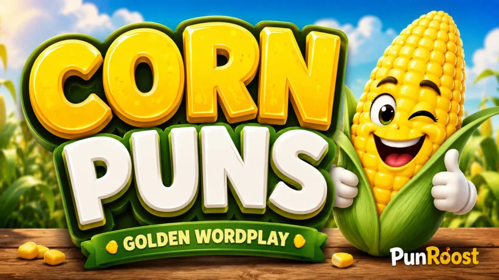 corn Puns featured image with a cheerful cartoon corn mascot