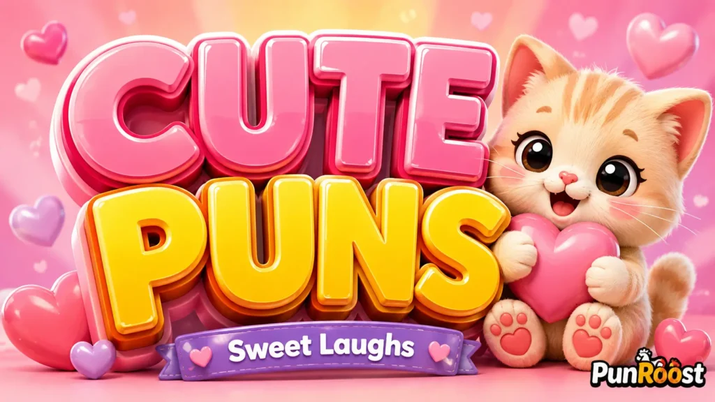 Cute Puns with a cheerful kitten, hearts, and colorful 3D typography