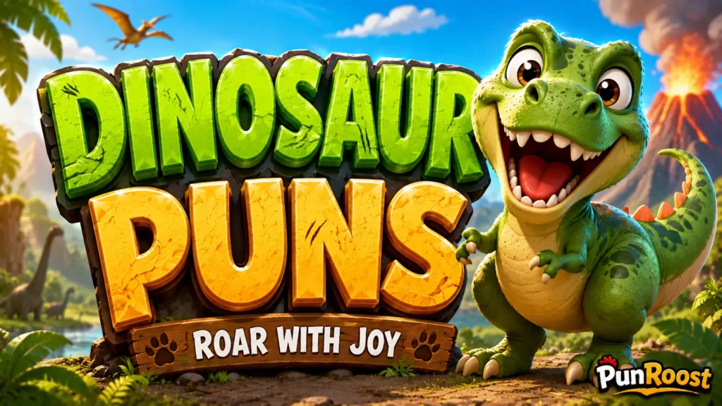 A vibrant featured image for PunRoost featuring large 3D text "dinosaur puns" and a smiling T-Rex mascot.