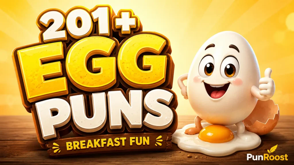 Featured image for egg puns featuring bold 3D typography and a cheerful cartoon egg wearing a chef hat.