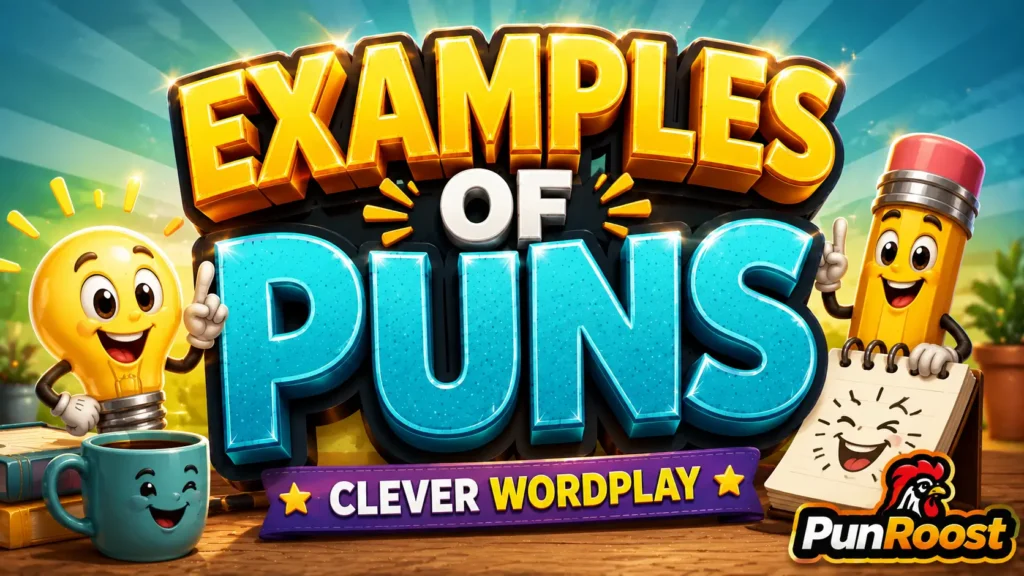 Examples of puns in a bright 3D cartoon featured image with playful wordplay elements