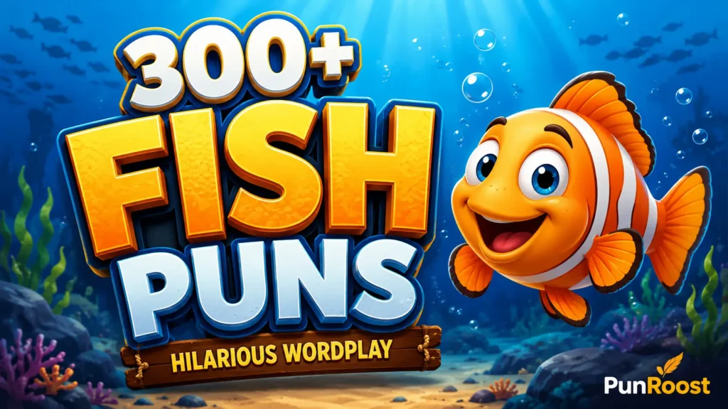 Featured image for fish puns featuring bold 3D typography and a cheerful blue cartoon fish wearing a sailor hat.