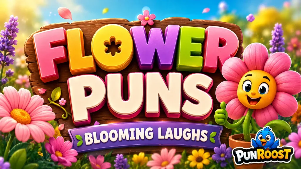 A vibrant featured image for PunRoost featuring large 3D text for flower puns and a smiling sunflower mascot.
