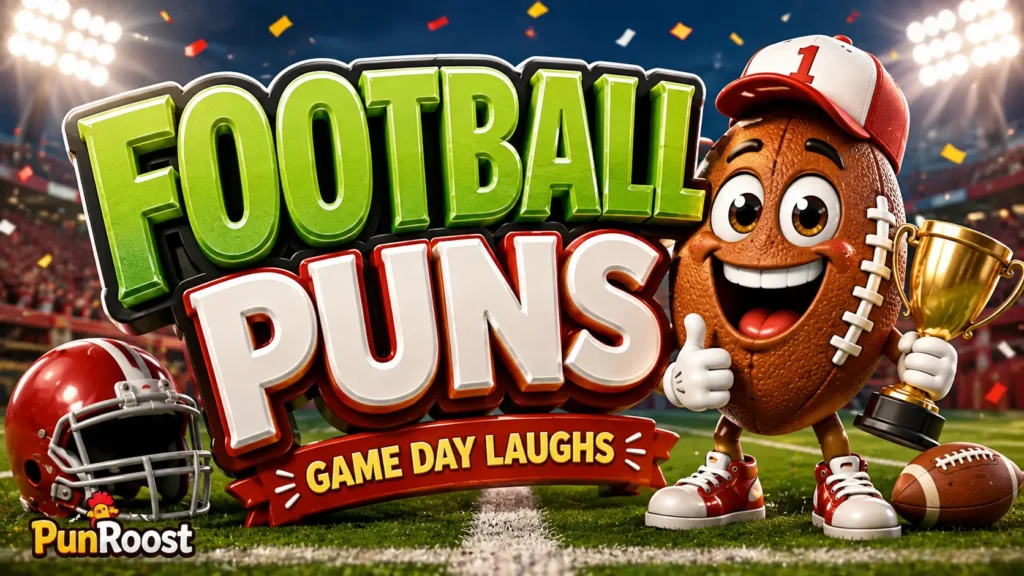 Football Puns thumbnail with a cheerful football mascot and trophy in a stadium
