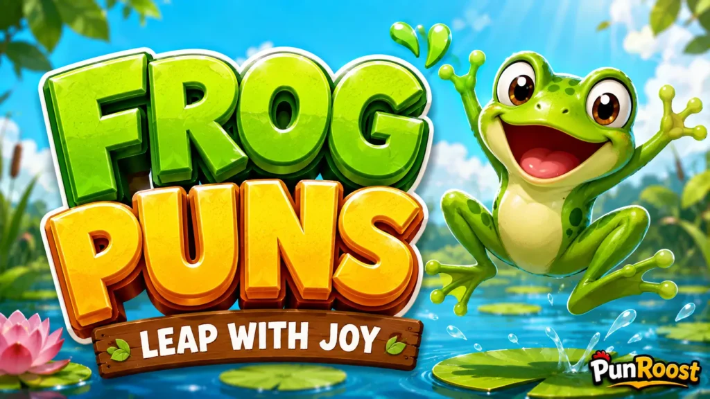 A vibrant featured image for PunRoost featuring large 3D text "frog puns" and a smiling frog mascot.