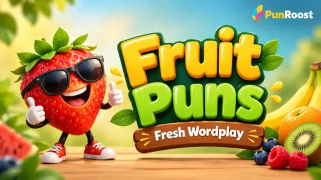 Colorful 3D fruit characters and bold typography featuring Fruit Puns for fun captions.