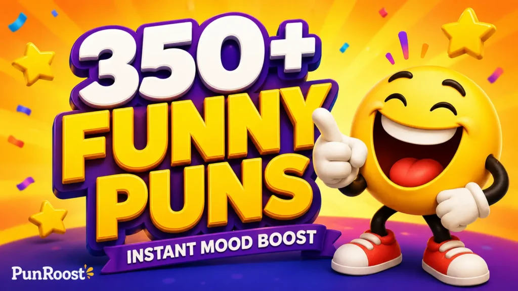 A bright widescreen thumbnail with 3D text reading 350+ Funny Puns and a cheerful cartoon sun mascot.