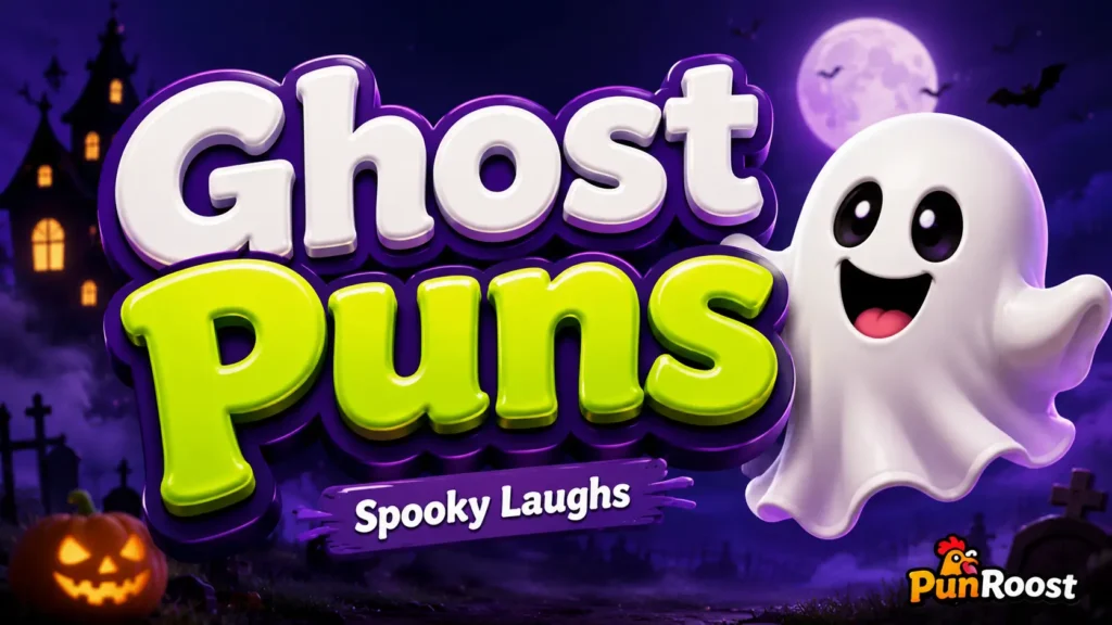 Ghost Puns thumbnail with a cheerful ghost and bold glossy 3D typography