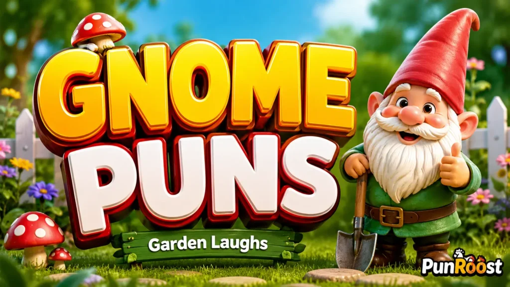 Colorful garden gnome with bold gnome Puns 3D typography
