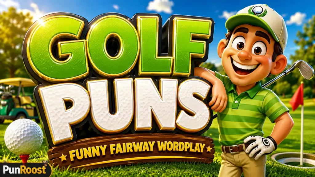 A vibrant featured image for PunRoost featuring large 3D text "golf puns" and a smiling golf ball mascot.