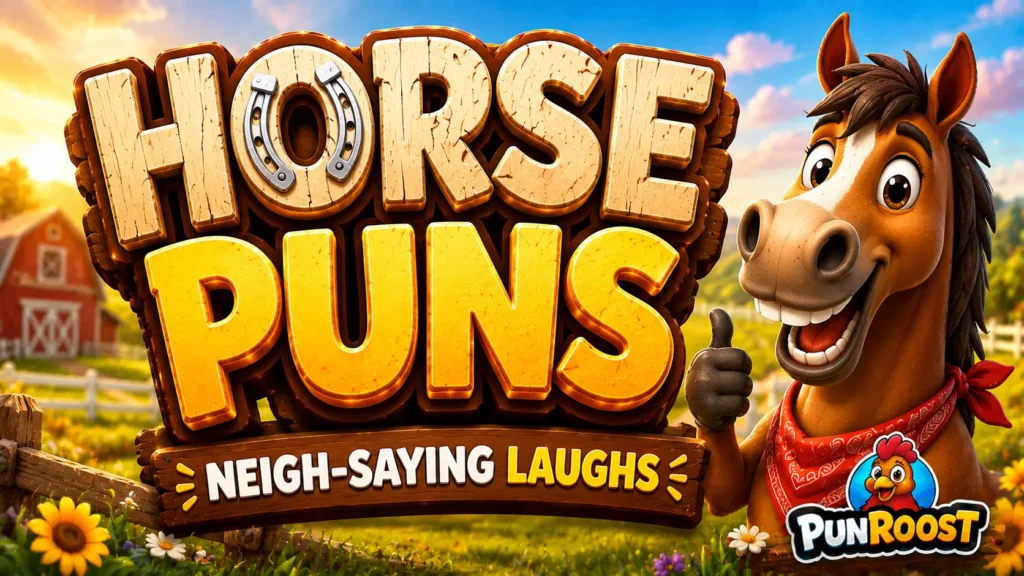 A vibrant featured image for PunRoost featuring large 3D text for horse puns and a smiling horse mascot.