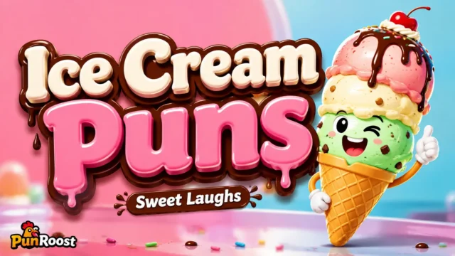 Ice Cream Puns thumbnail featuring a colorful 3D ice cream cone mascot and glossy typography