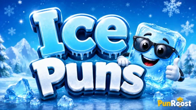 Ice Puns in bold icy 3D lettering with a cheerful sunglasses-wearing ice cube