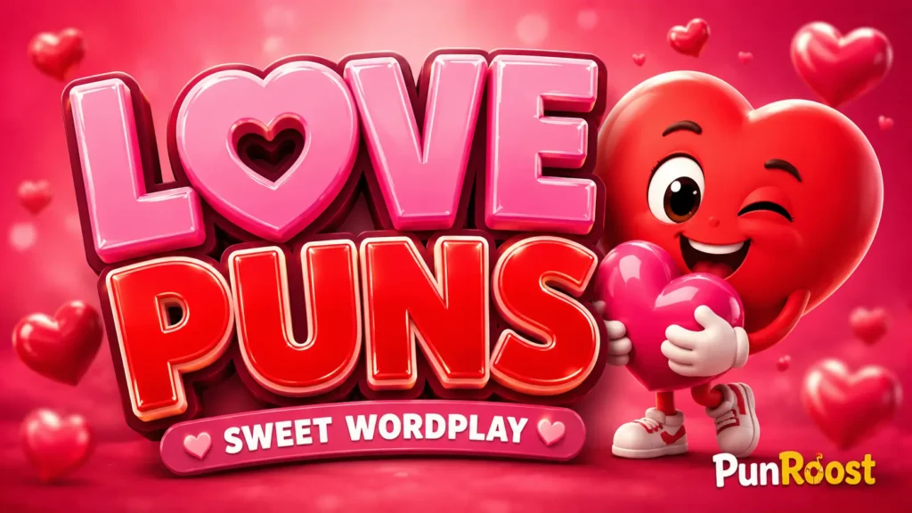 Love Puns featured image with glossy hearts and a playful heart mascot