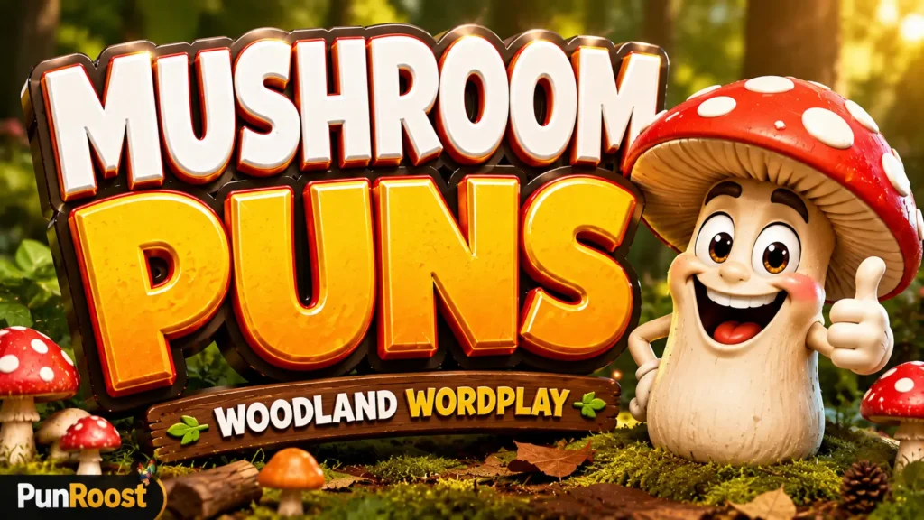 A vibrant featured image for PunRoost featuring large 3D text "mushroom puns" and a smiling mushroom mascot.