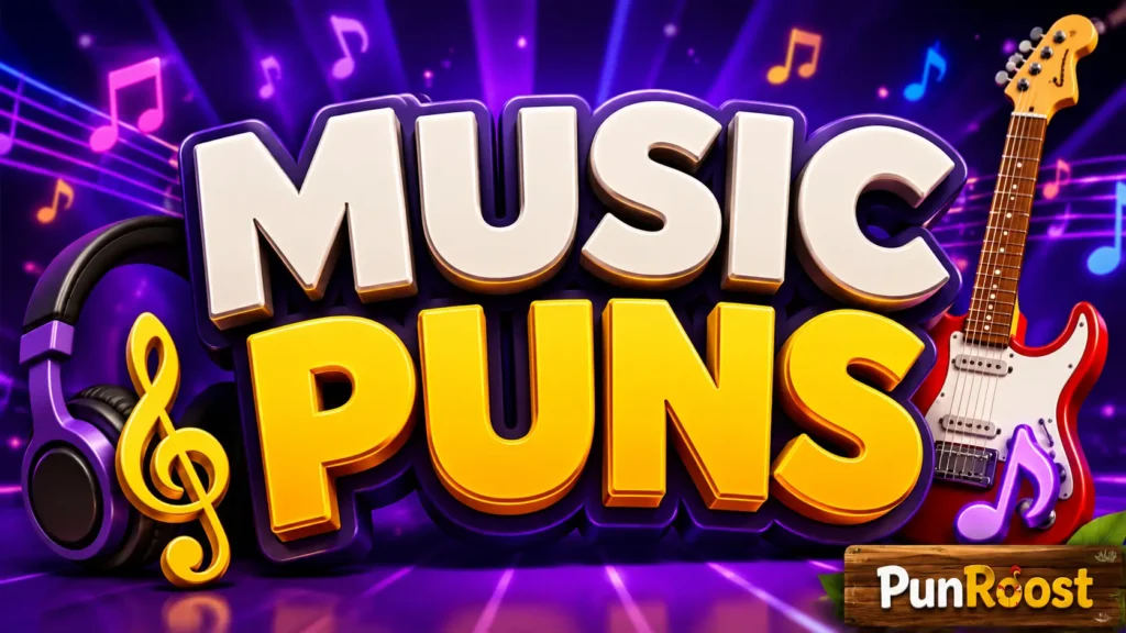 Bold 3D music Puns typography with musical notes, headphones, guitar, and PunRoost watermark.