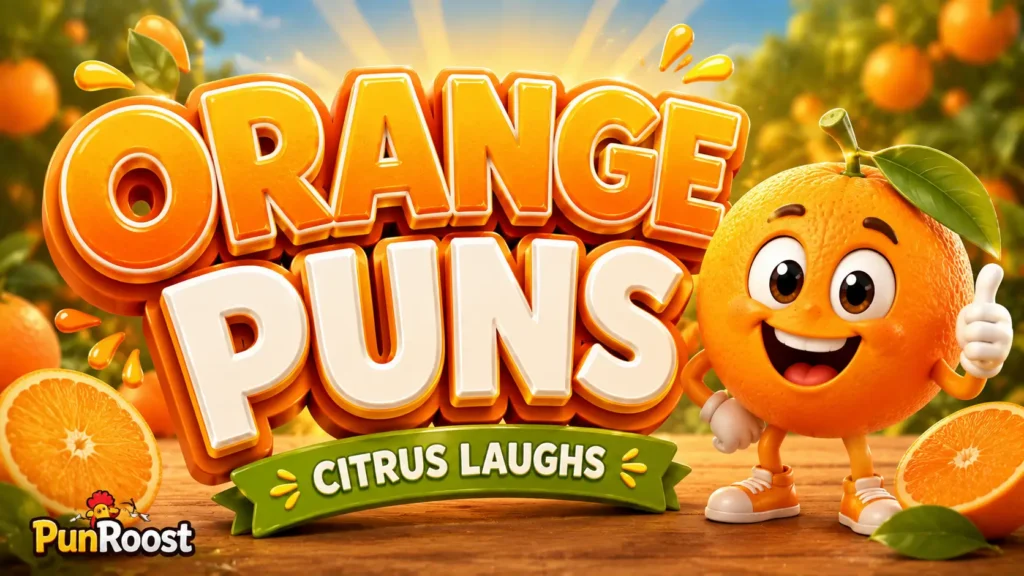 Orange Puns thumbnail with a cheerful orange mascot in a sunny orchard