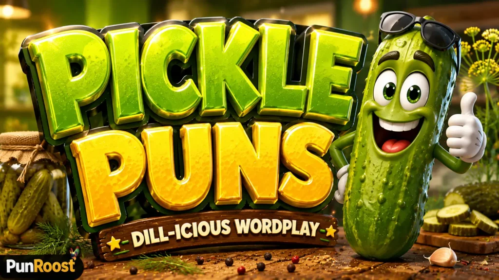 A vibrant featured image for PunRoost featuring large 3D text "pickle puns" and a smiling pickle mascot.