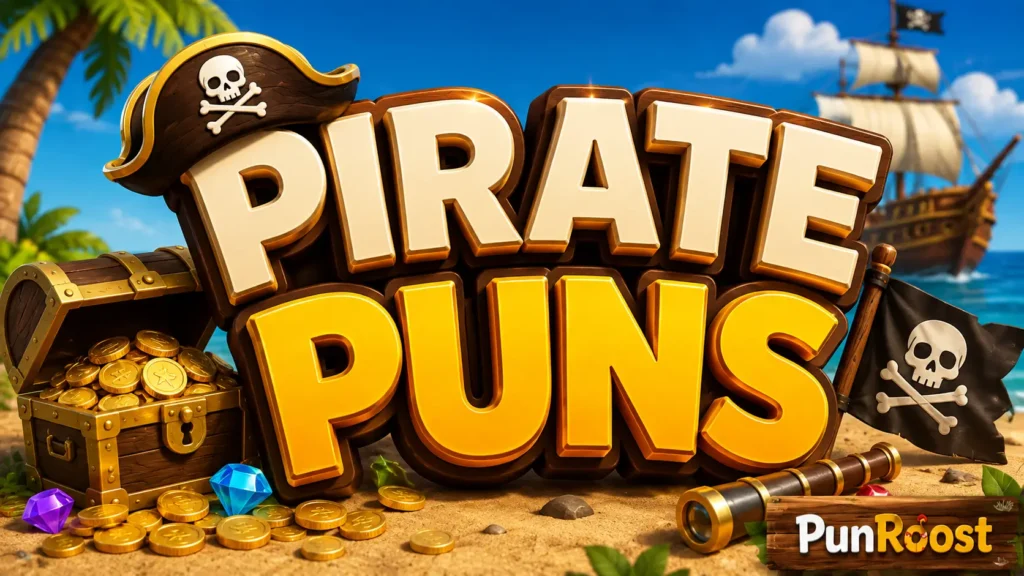 Bold 3D Pirate Puns typography with treasure, pirate ship, and PunRoost watermark.
