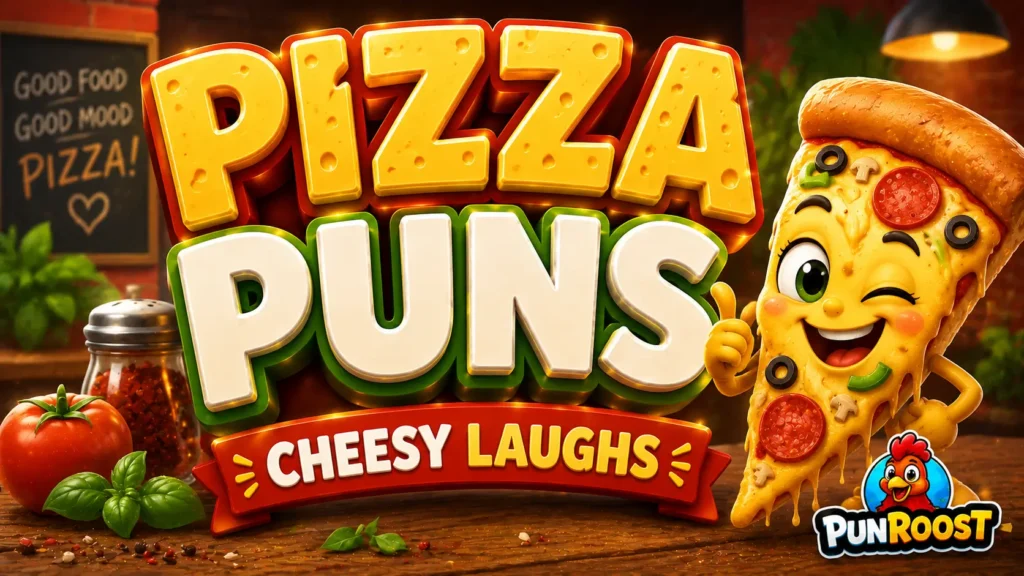 A vibrant featured image for PunRoost featuring large 3D text for pizza puns and a smiling pizza slice mascot.
