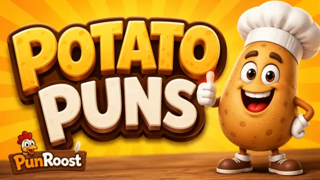 Cheerful chef potato mascot with bold potato puns text for a fun food-themed thumbnail