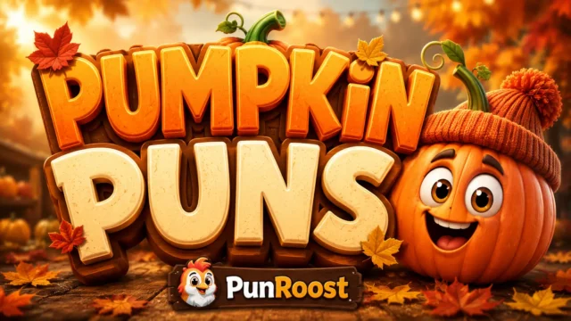 Pumpkin puns thumbnail with a cheerful cartoon pumpkin in a cozy autumn setting