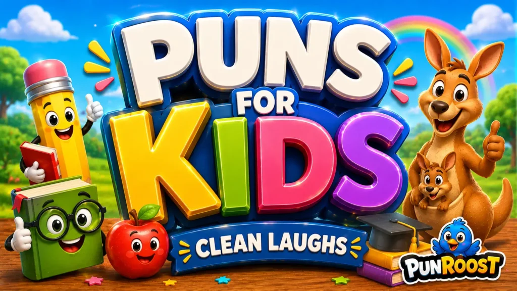 A vibrant featured image for PunRoost featuring large 3D text for puns for kids and a smiling star mascot.