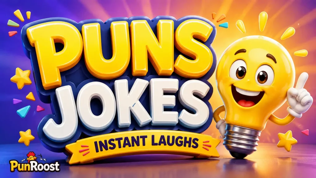 Puns Jokes thumbnail with a cheerful lightbulb mascot and colorful playful design