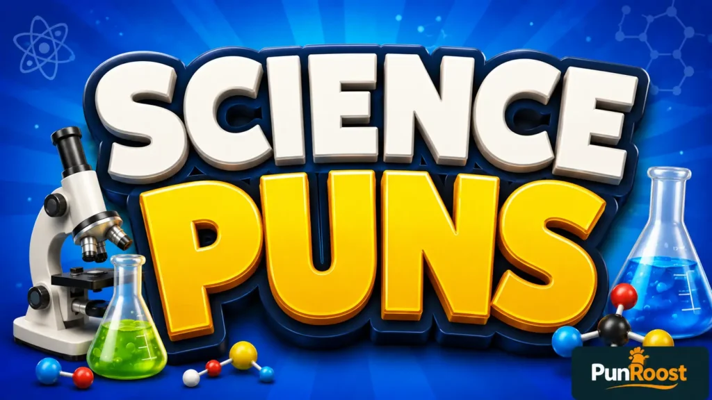 Bold 3D science puns typography with a microscope, lab flasks, and PunRoost branding.