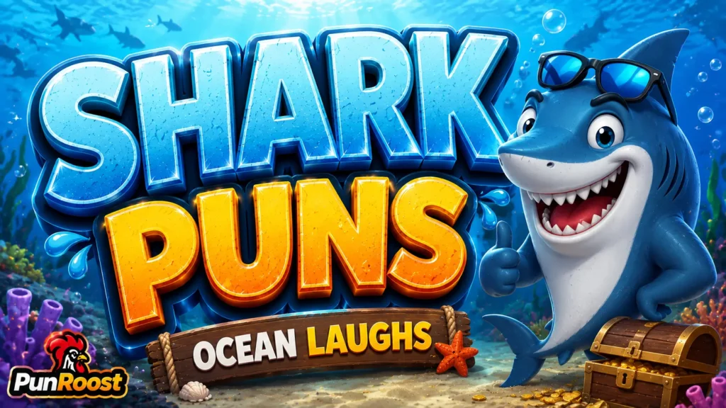 Colorful underwater scene featuring bold 3D shark puns typography and a cheerful shark mascot