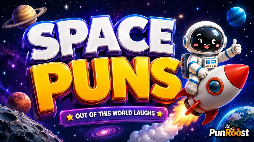 space Puns with a cheerful astronaut, rocket, planets, and bold 3D typography