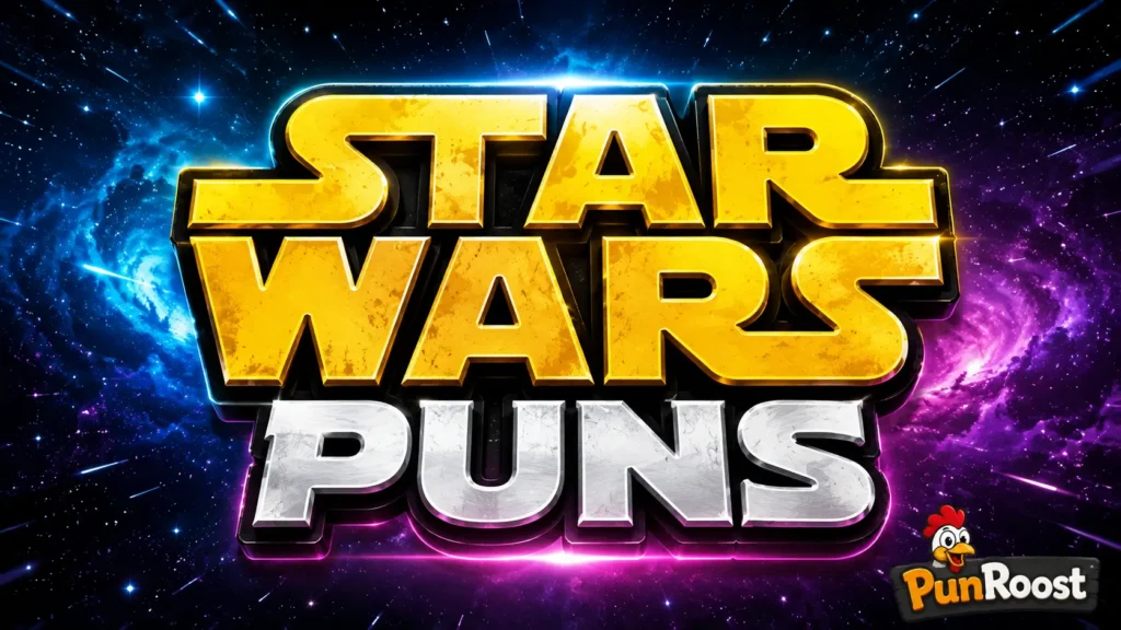 Bold star wars puns typography against a colorful galaxy background