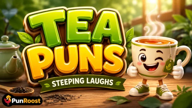 Tea Puns thumbnail with glossy 3D tea lettering and a cheerful teacup mascot