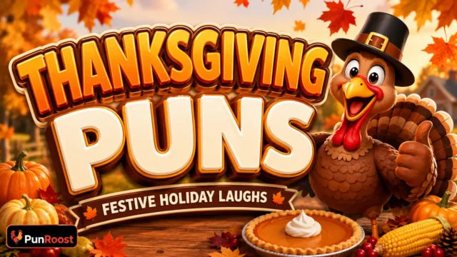 Thanksgiving Puns featured image with a cheerful turkey, pumpkins, pie, and autumn leaves