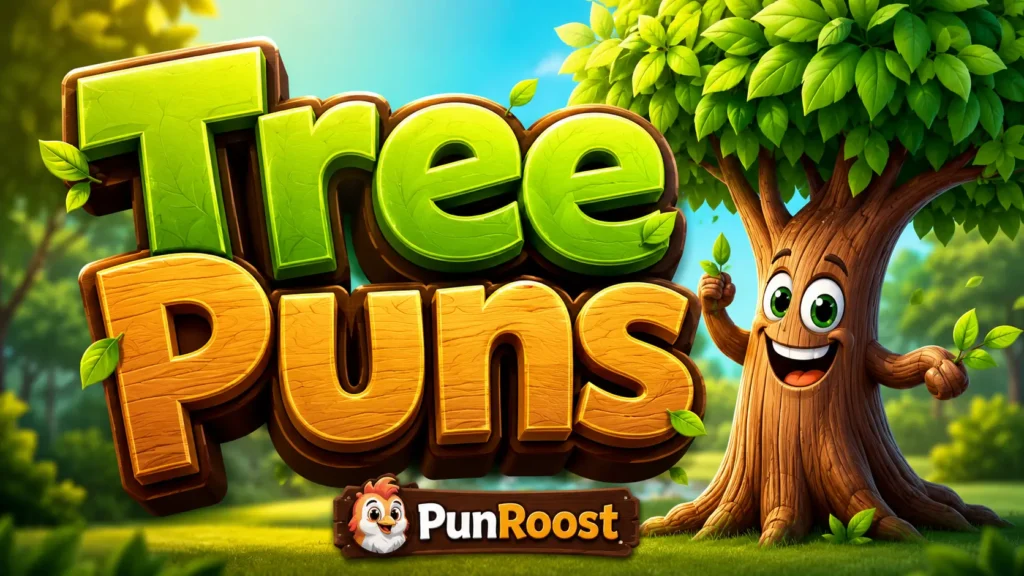 Tree Puns thumbnail with a cheerful cartoon tree in a bright forest