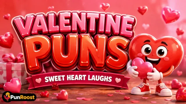 Valentine puns thumbnail with glossy 3D lettering, heart mascot, and bright pink background